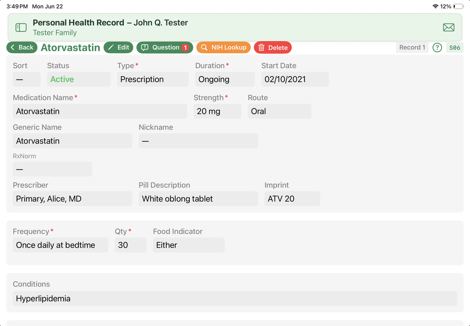 Medication – Atorvastatin