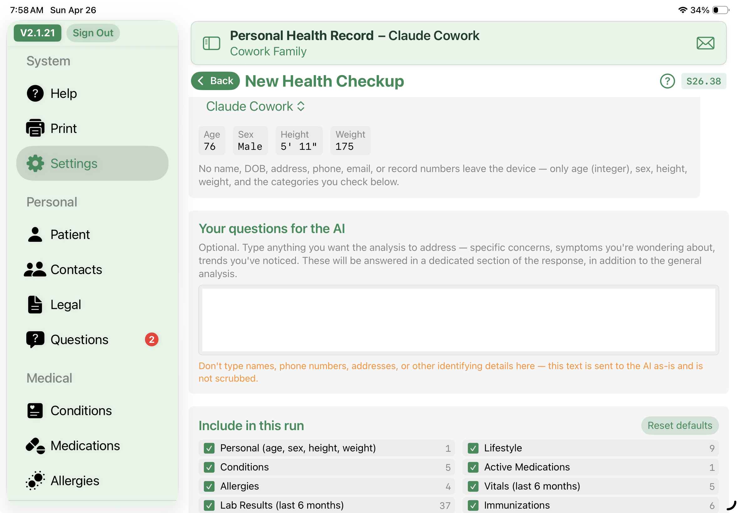 Health Check screen