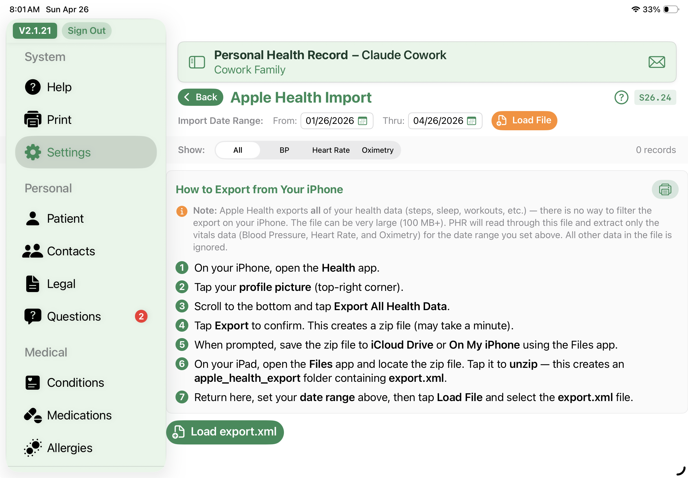 Apple Health Import screen