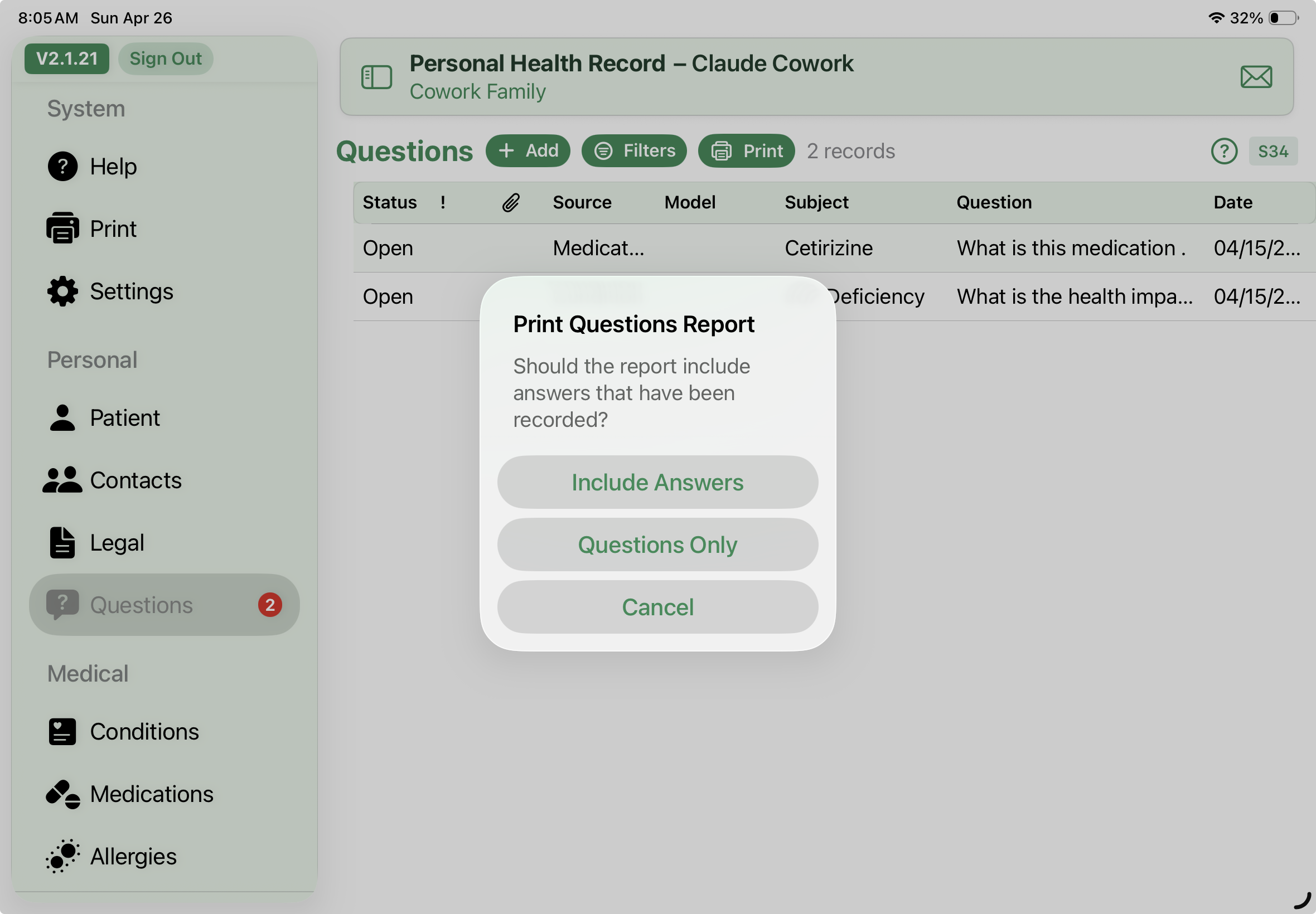 Questions list with Print report dialog