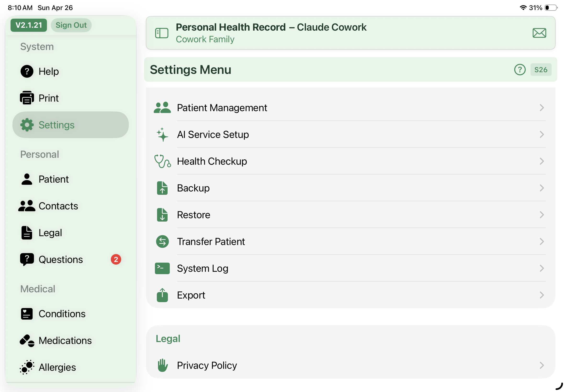 Owner Settings menu