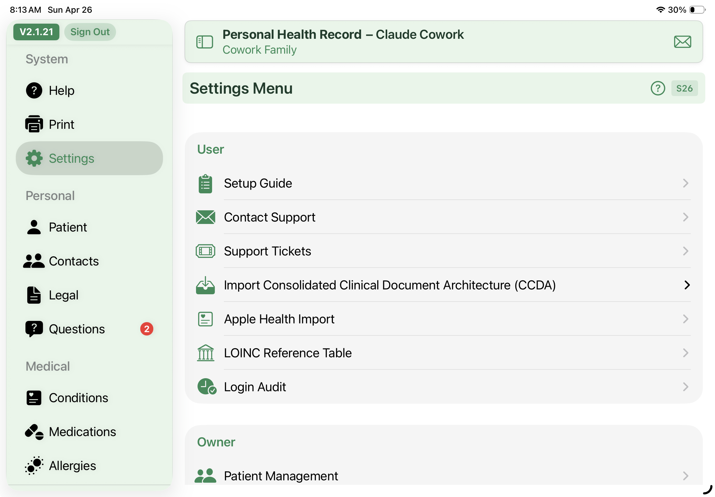 User Settings menu