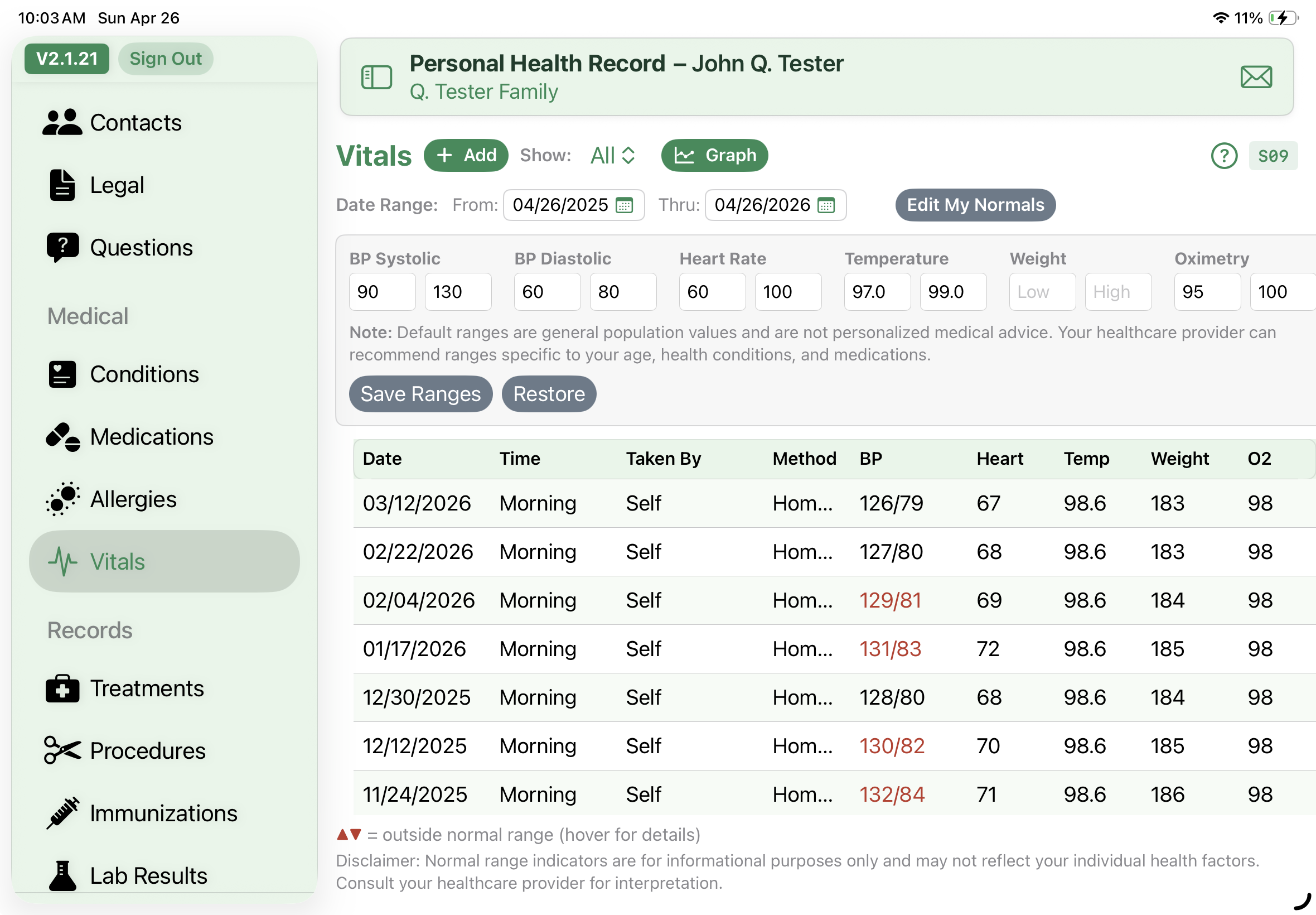 Vitals screen with custom normals