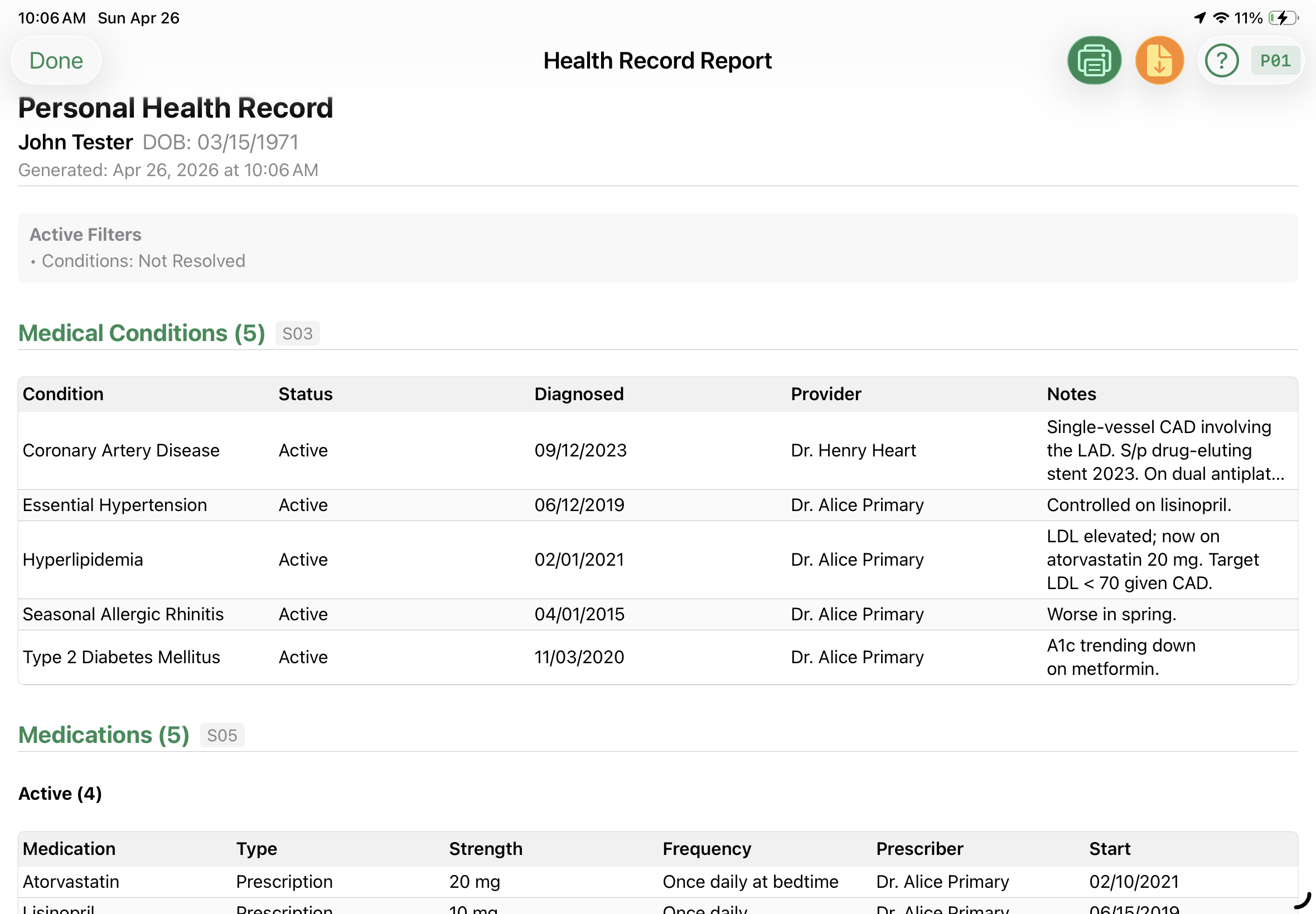 Multi-section Health Record Report