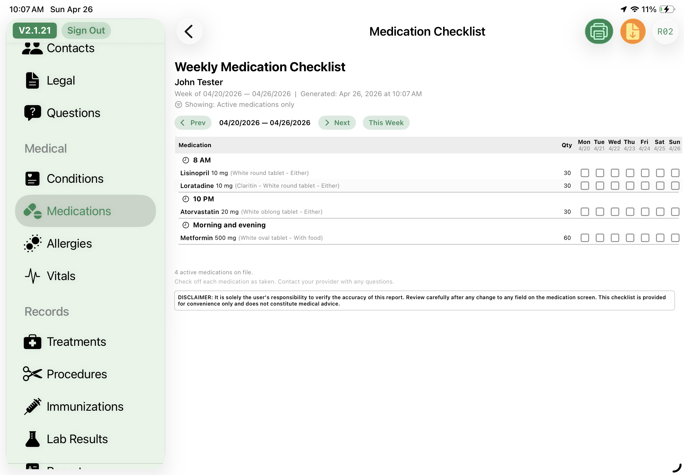 Weekly Medication Checklist