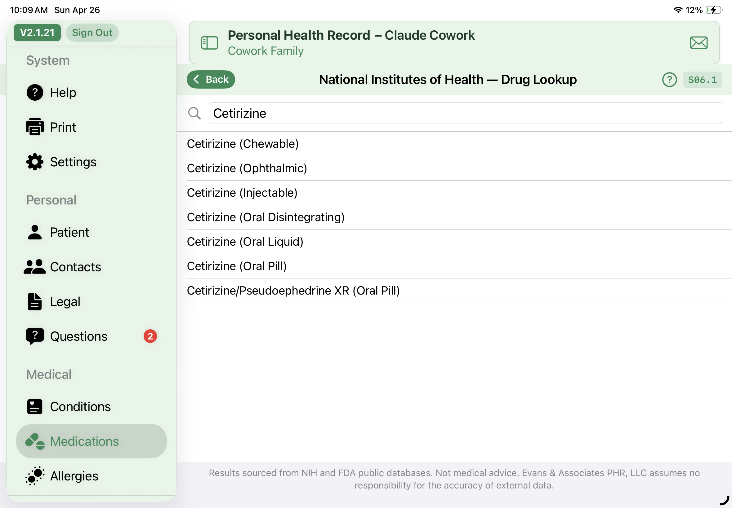 NIH Drug Lookup screen