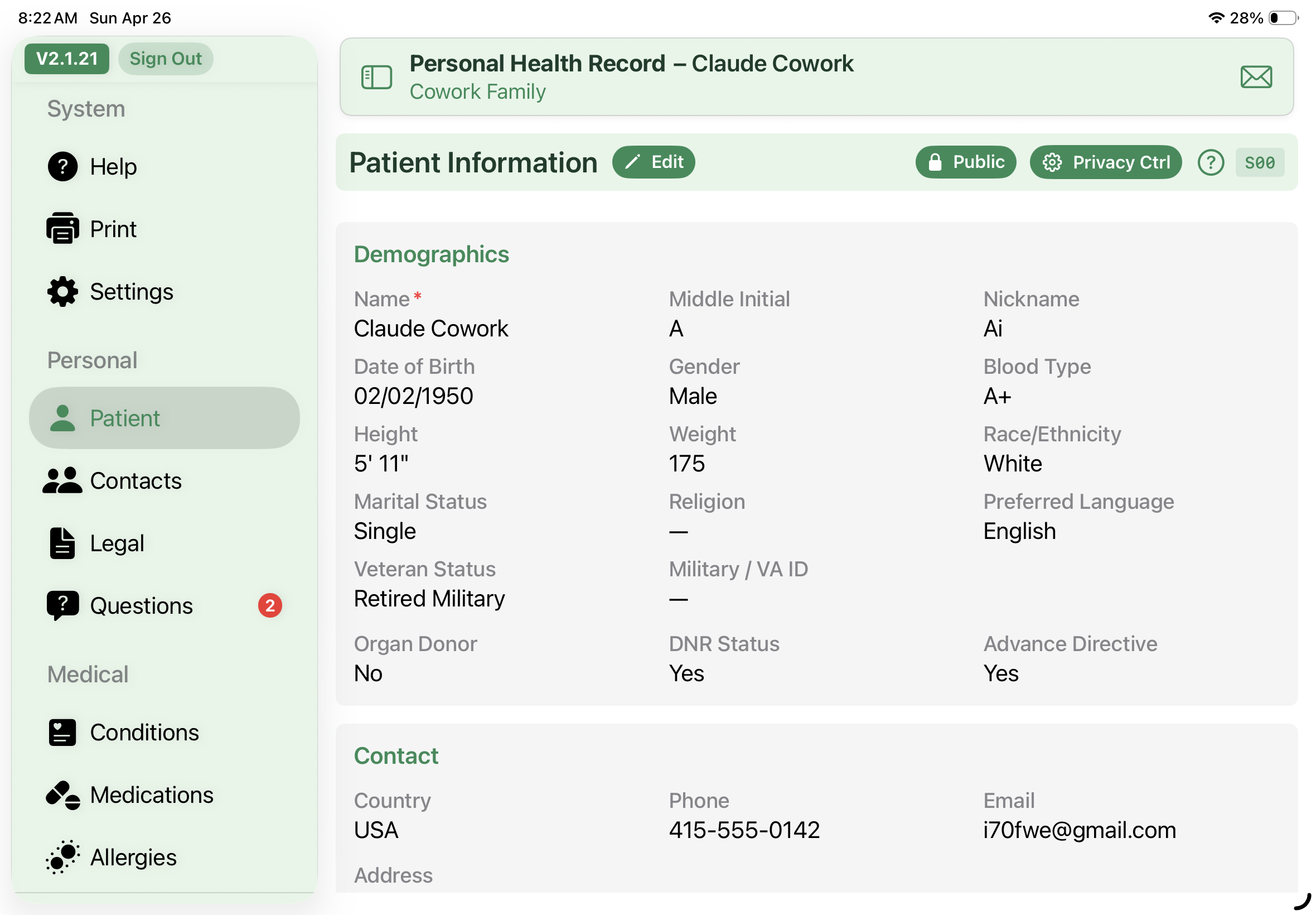 Patient Information screen
