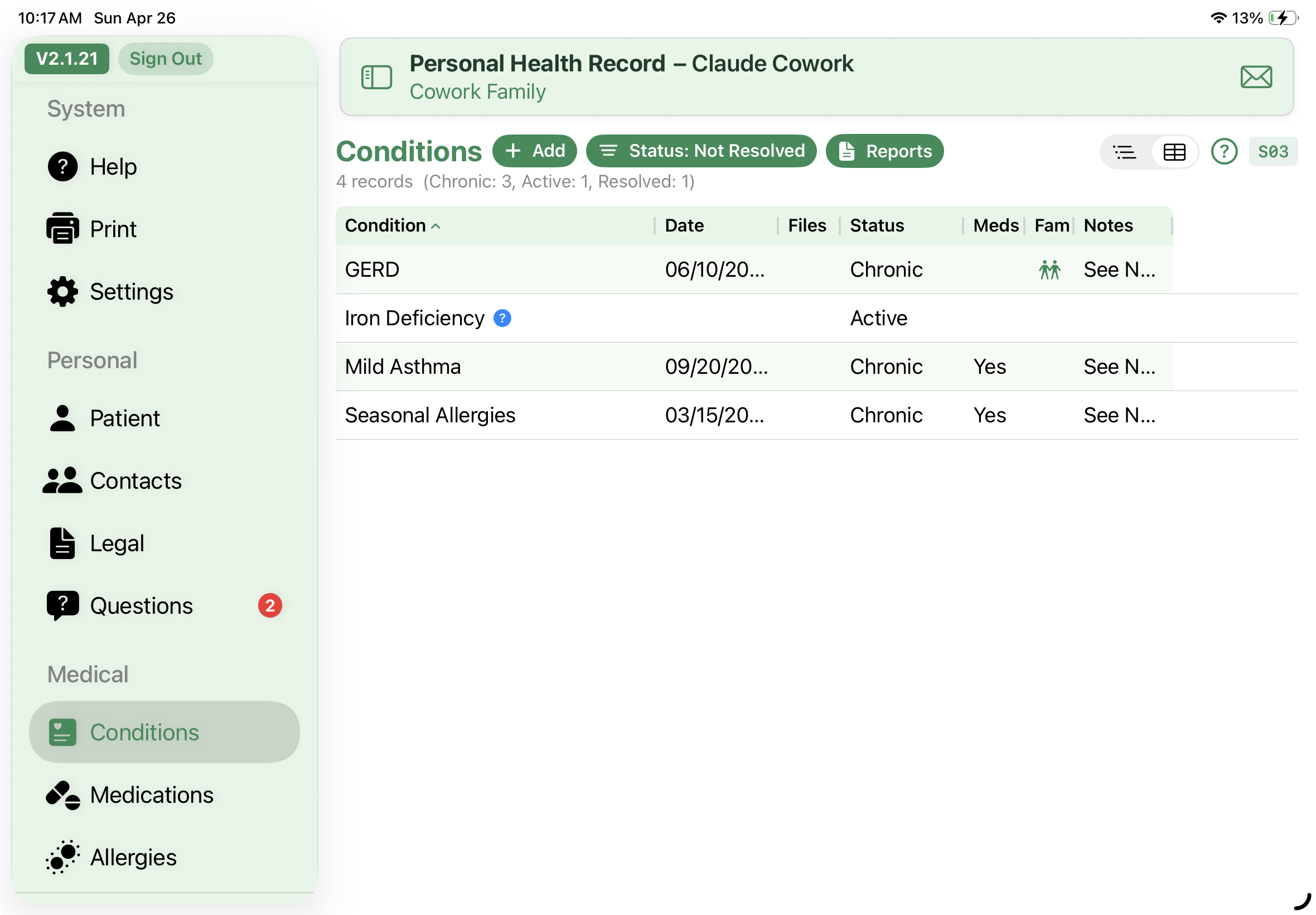 Conditions list