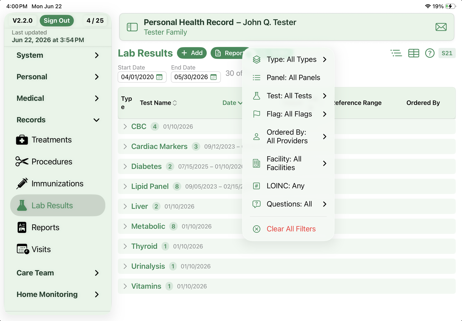 Lab Results – Reports menu