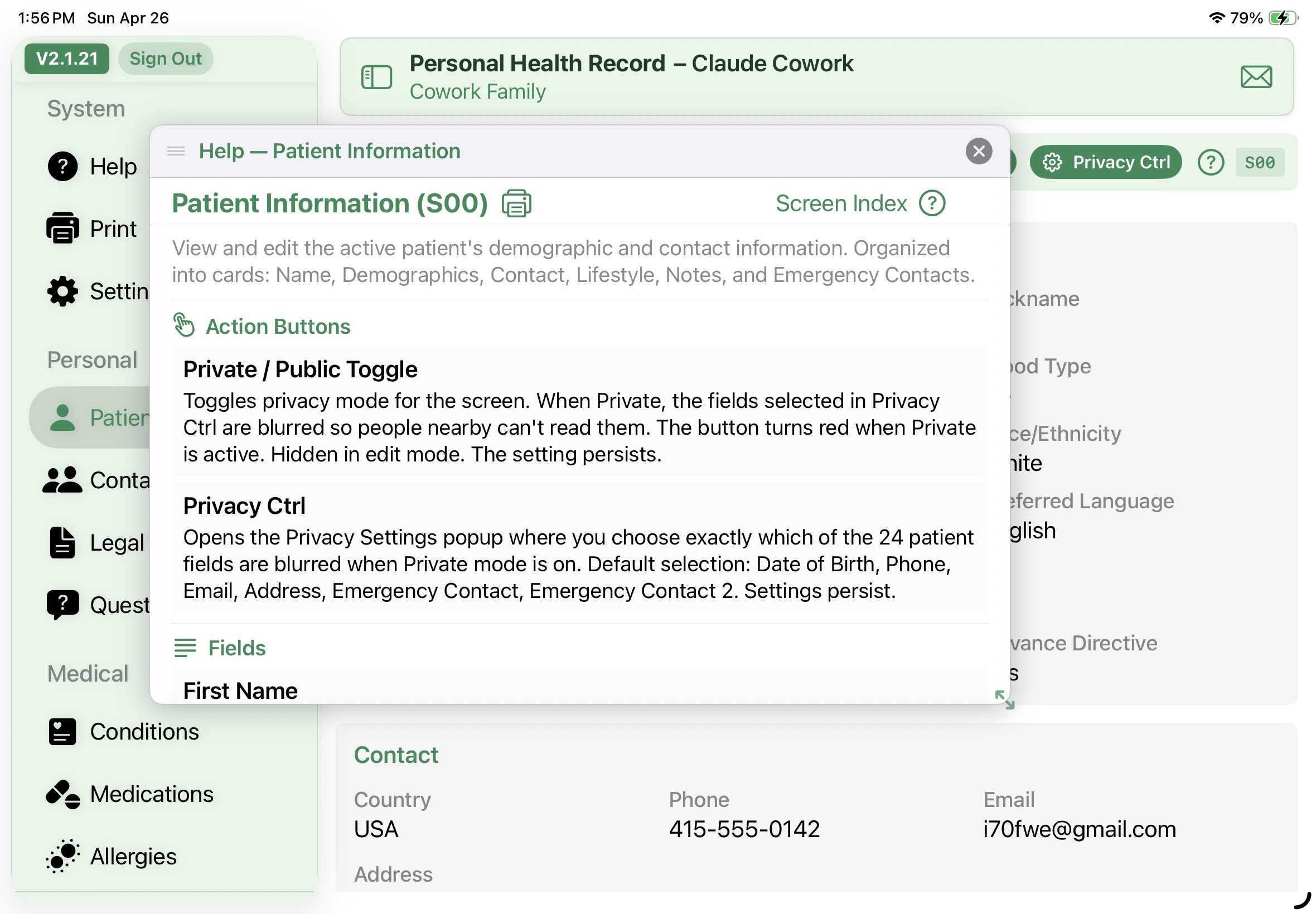 Help — Patient Information context help popup