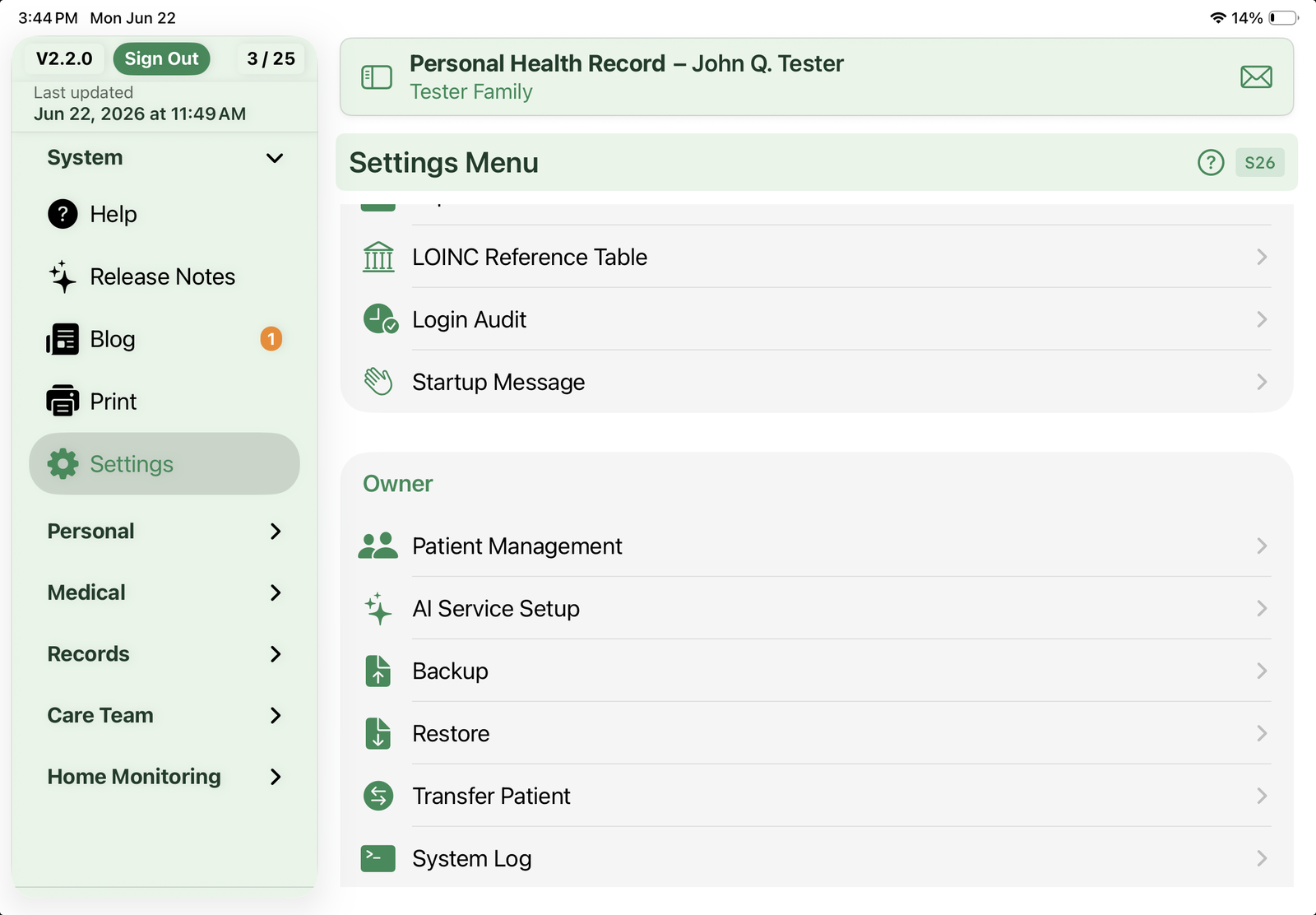 Settings Menu