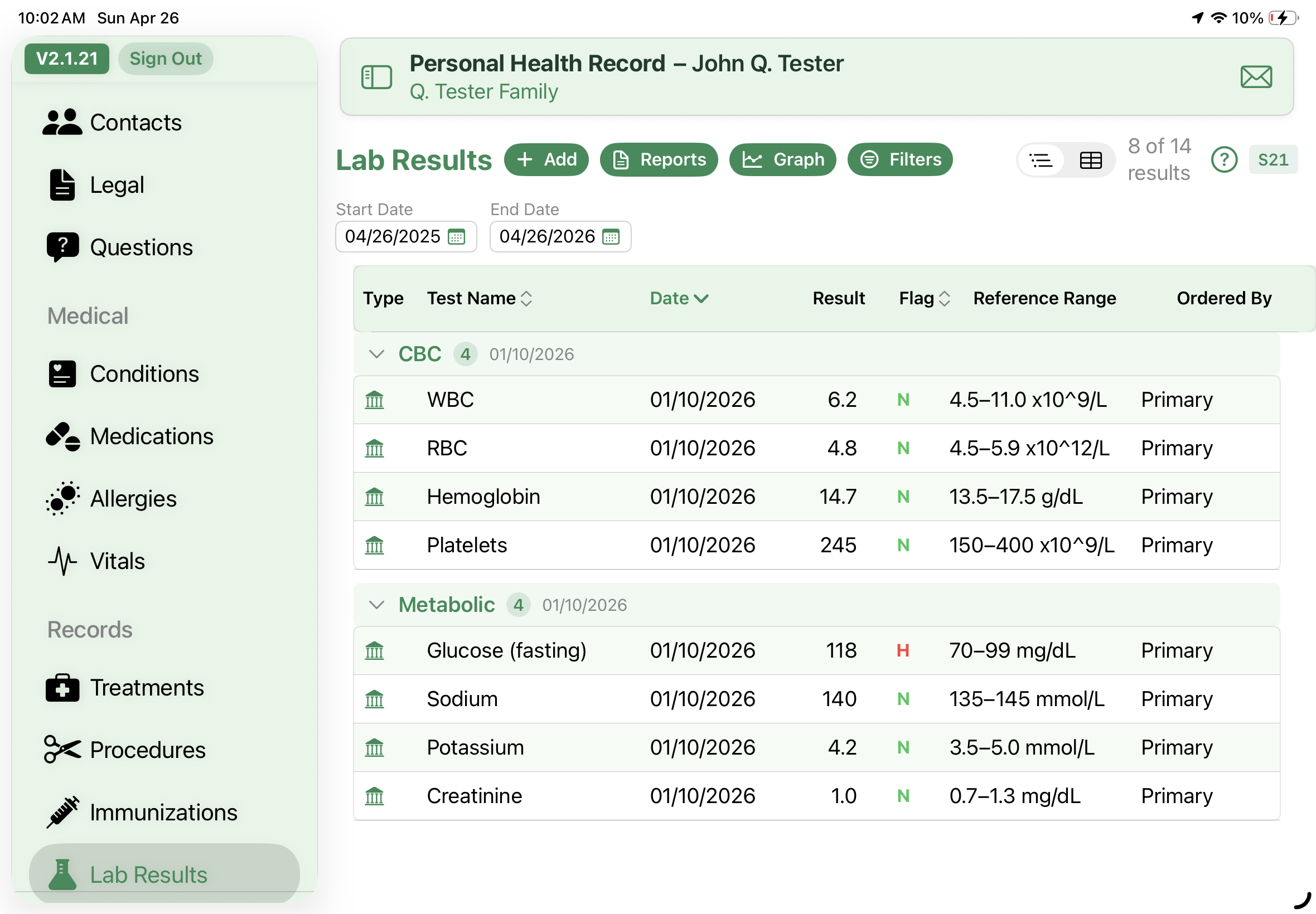 Lab Results screen