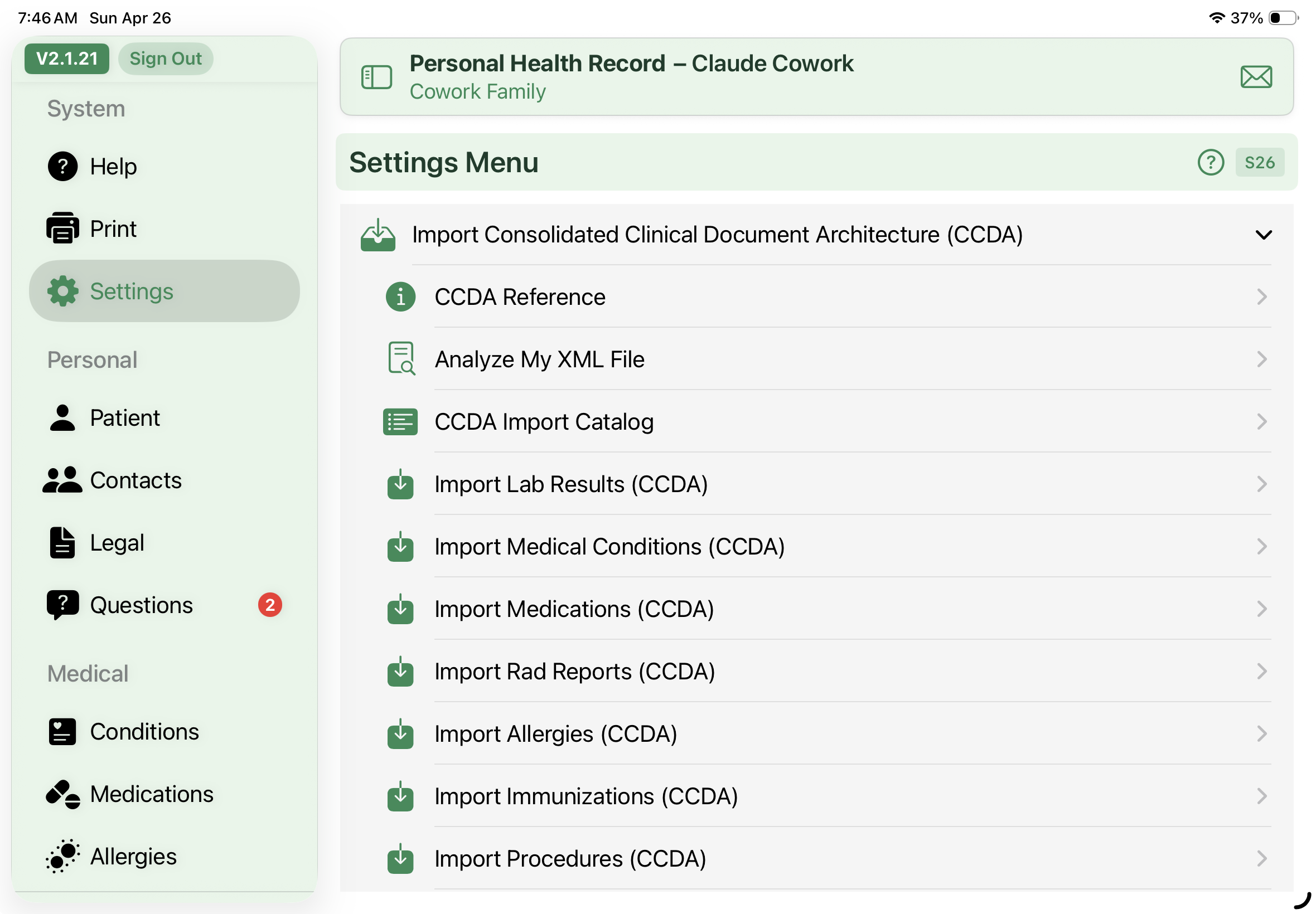 CCDA Import menu