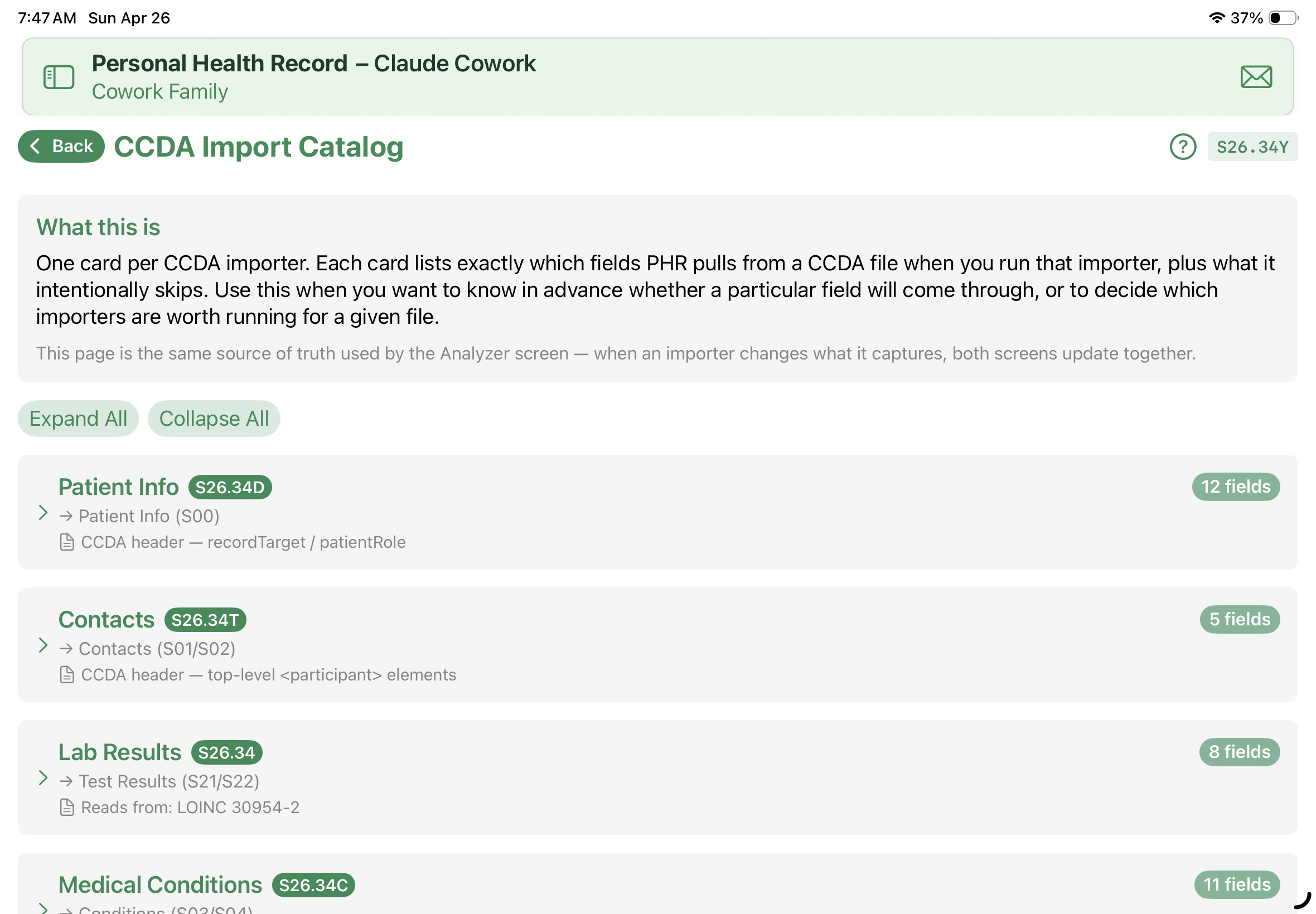 CCDA Import Catalog screen