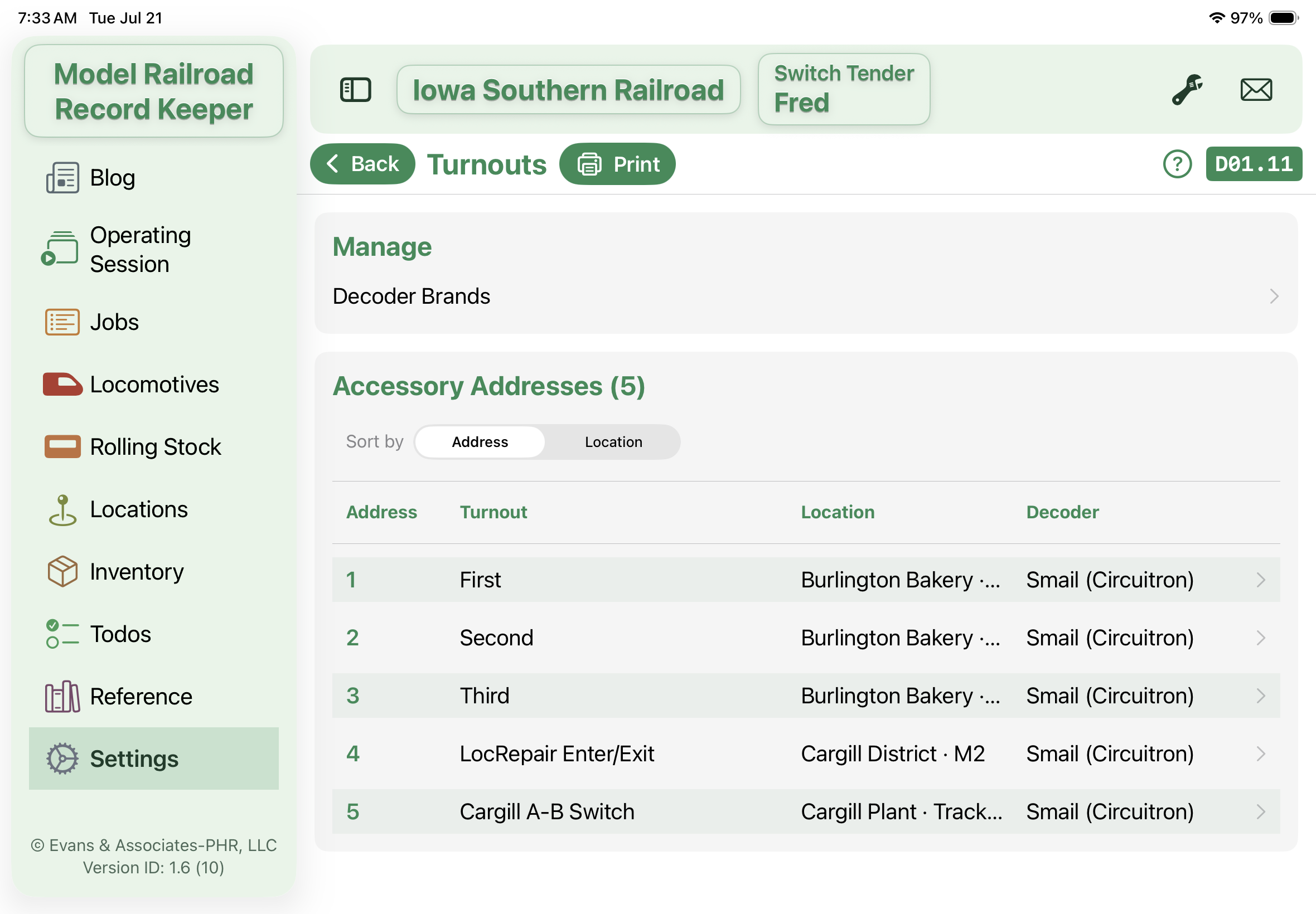 Turnouts Screen