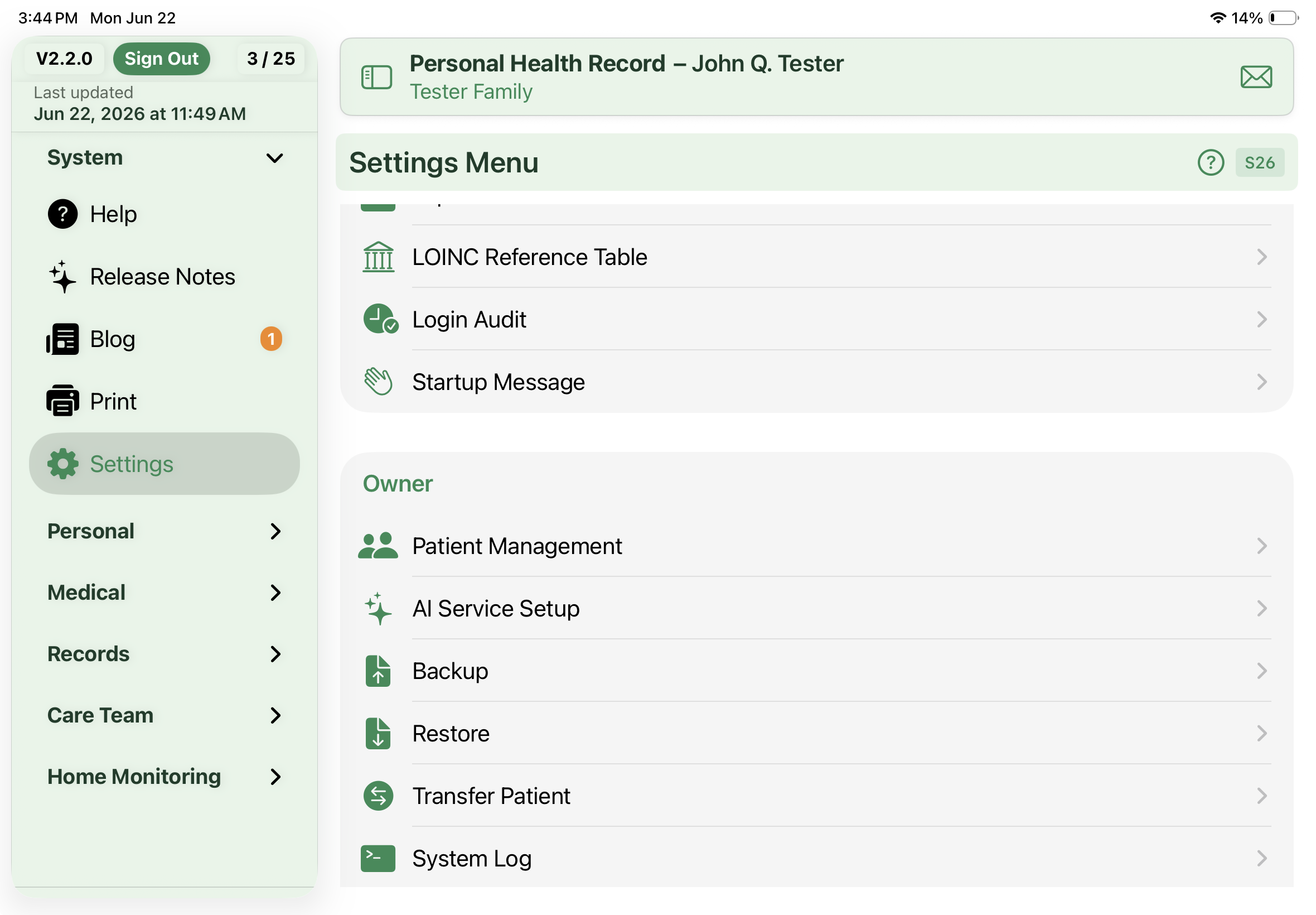 Settings Menu